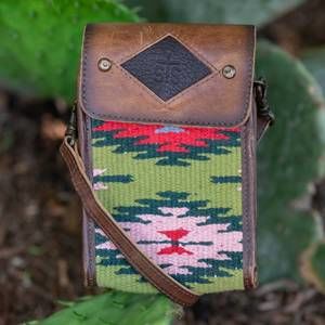 STS Ranchwear Brown Leather & Green Aztec Woven Crossbody Wristlet